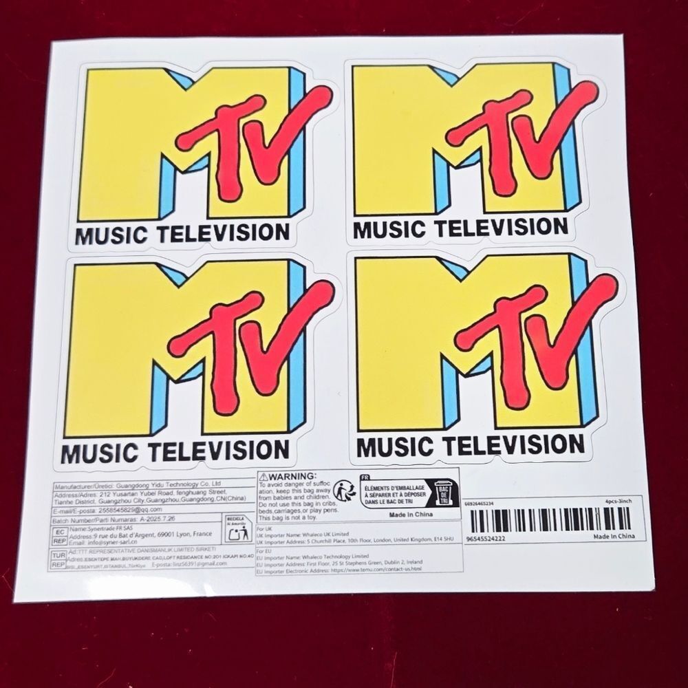 MTV MusicβTelevision Vinyl Stickers Yellow Red Retro Y2K Waterproof Decals 4pc